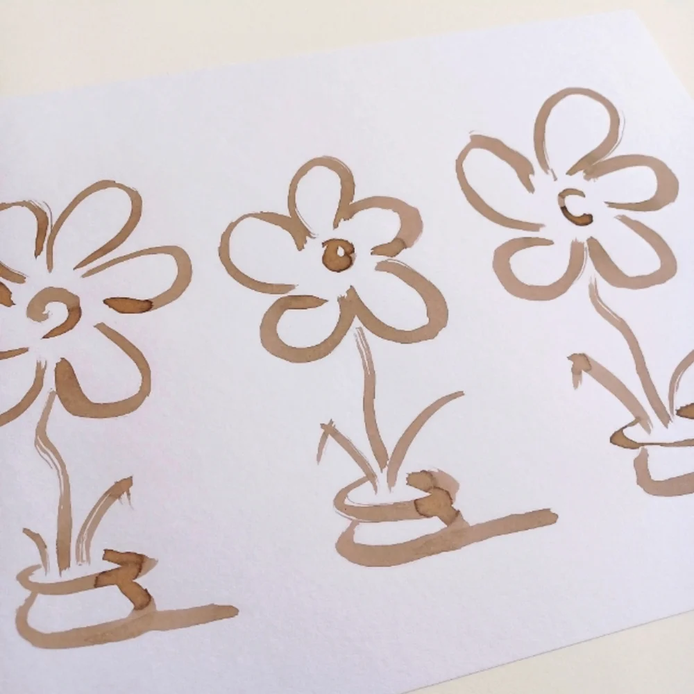 ORIGINAL ART Flower Pots in Brown Ink by Maria Rivera. 9x12